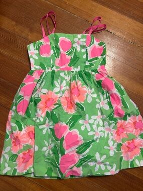 Lilly Pulitzer Girls Green Floral Sundress with Pink Straps